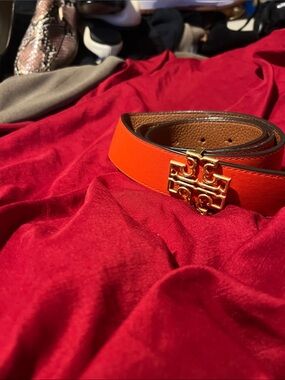 Tory Burch Bright Orange Leather Belt with Gold Logo Buckle